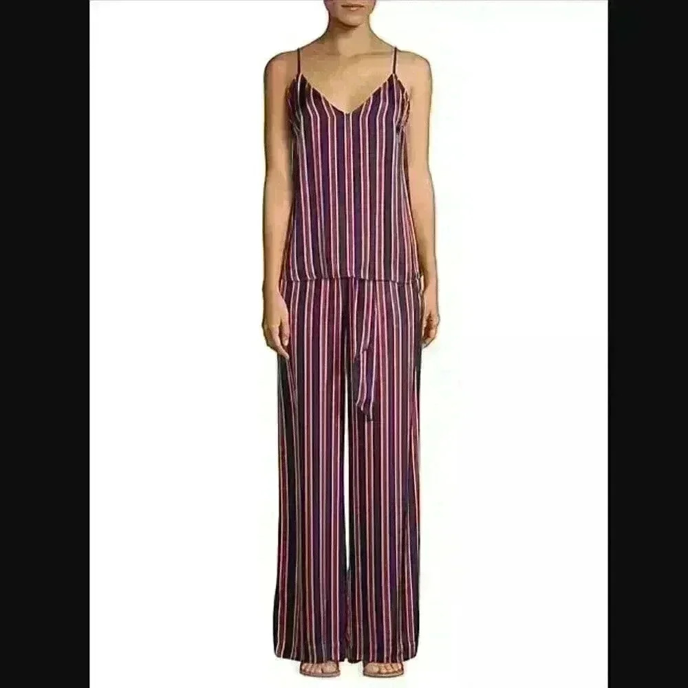 FRAME Women's Side Slit Striped Top and Pant Set Size M in Navy Multi